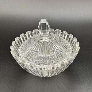 Vintage Clear Ribbed Glass Covered Trinket Dish Art Deco Candy Vanity Bowl